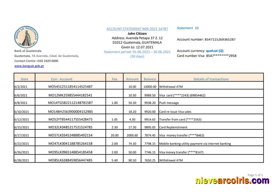 Guatemala Banco de Guatemala bank statement easy to fill in Excel and PDF format